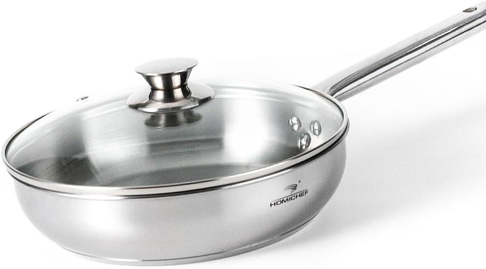 HOMICHEF 9.5 Inch Nickel Free Stainless Steel Saute Pan Induction Oven Safe - Premium Mirror Polished Stainless Steel Pan - Healthy Non Toxic Fry Pans
