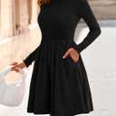 Zenlonr Women's Fall Dresses 2025 Casual Long Sleeve Ribbed Knit Crewneck Short Dress Flowy A-Line Party Dresses (Black, M)