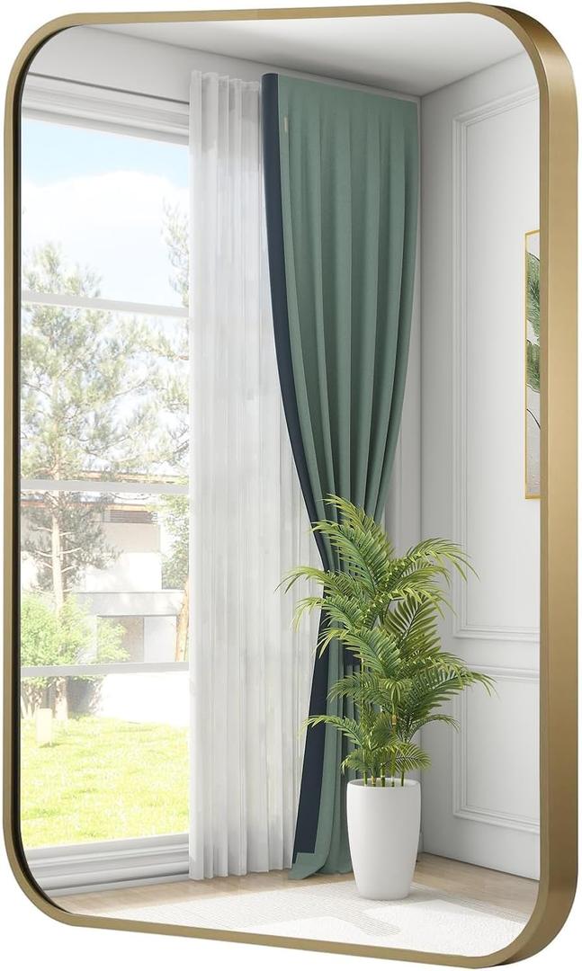 Gold Mirror, 26x38 Inch Framed Rectangle Mirror with Rounded Corner, Brushed Brass Mirror, Gold Bathroom Mirror for Over Sink, Vanity, Living Room, Bedroom, Horizontal/Vertical