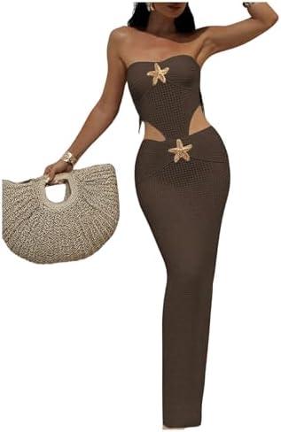 WDIRARA Women's Cut Out Crochet Bodycon Cover Up Dress Starfish Strapless Maxi Beach Dress M