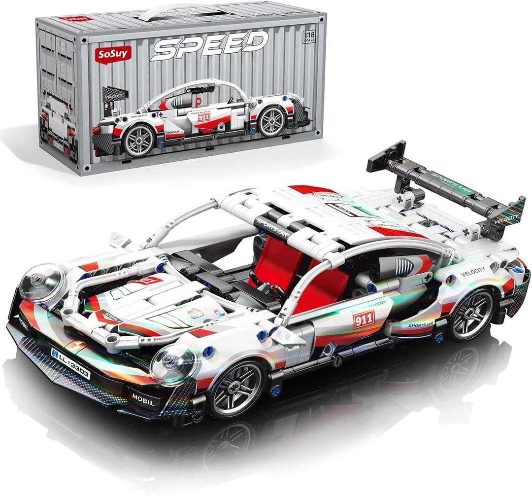 Sosuy Building-Block Race-Car Set, 1:18 Technical Model Kit 586 Pcs DIY White Pull-Back Toy for Boy Girl Kid Age 6+ Year, Birthday Gift for Teen Adult Display, Speed Super Sports Cars Bricks Icons