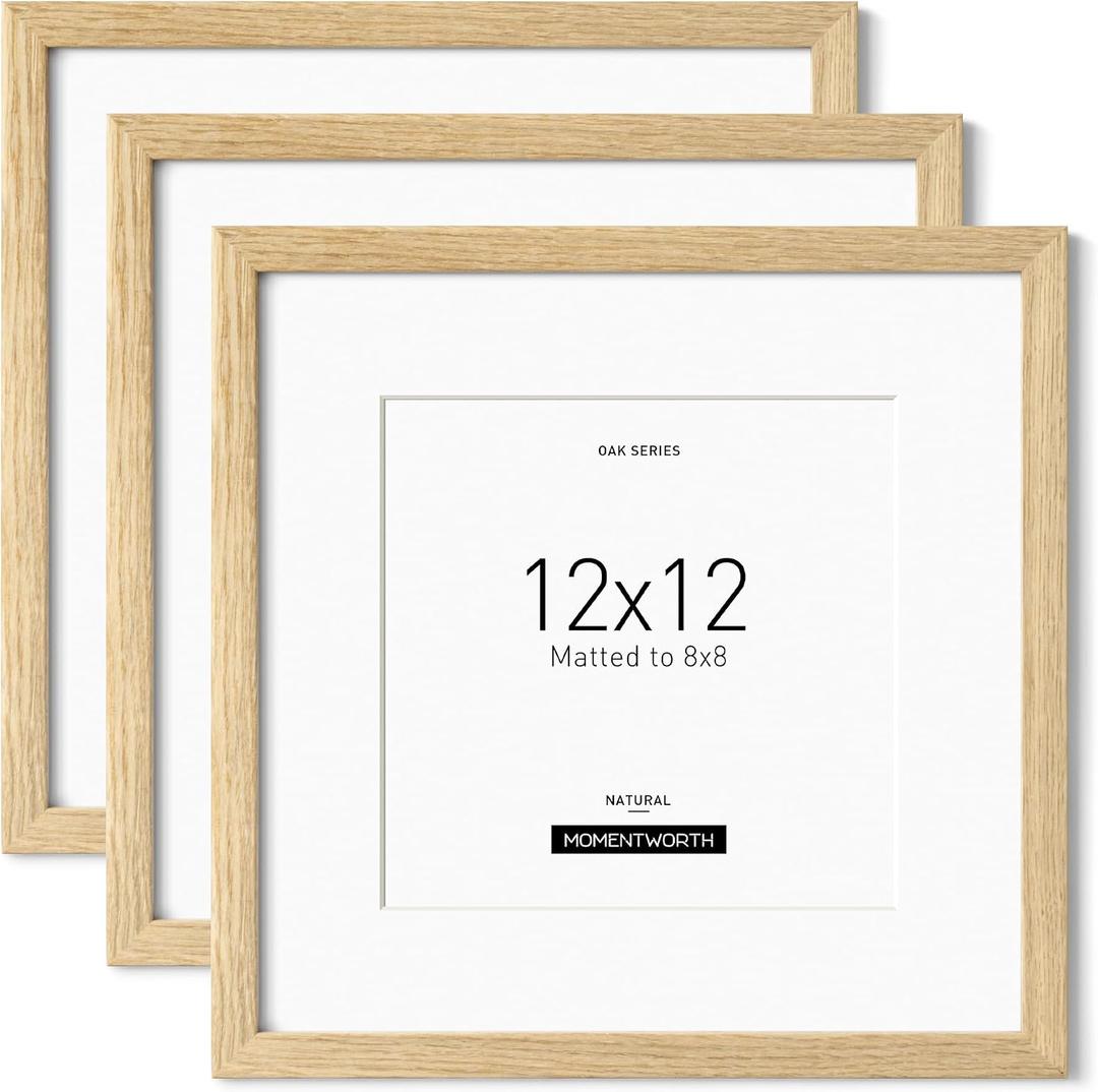 Momentworth 12x12 Frame with Mat for 8x8 set of 3, Solid Oak Wood 12x12 Picture Frame with Tempered Glass for Horizontal & Vertical Wall Mounting(3 Pack,Oak)