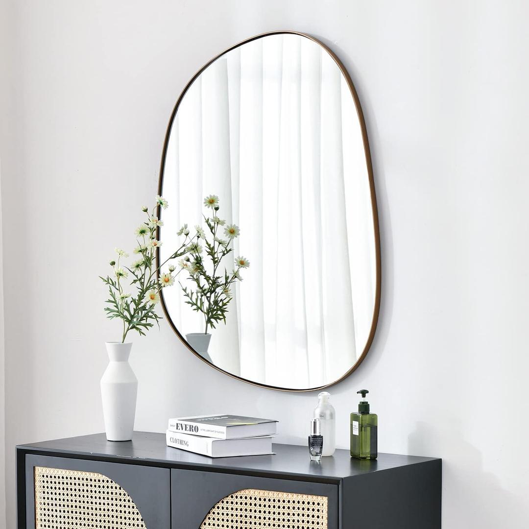 ELEHUME Asymmetrical Mirror for Wall Decor 23"*30", Modern Brass Framed Wall Mirror for Living Room Bathroom Bedroom Entryway ELE-STOU-0064G