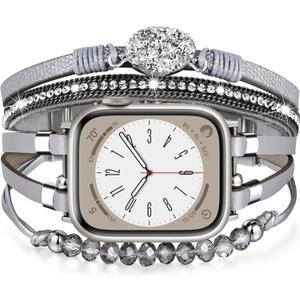 VISOOM Beaded Boho Bracelet Compatible for Apple Watch Band 42mm/41mm/40mm/38mm Series 10 9 8 7 SE Series 6/5/4 Women Leather Fashion Cute Handmade Multilayer Wrap Watch Strap for iWatch Bands 3/2/1 (Gray)