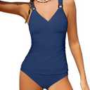 HOTOME Girls Swimsuits Two Piece V Neck Crisscross Adjustable Back Tie Tankini Swimsuit Ruched Girls Bathing Suits 11-12 Y