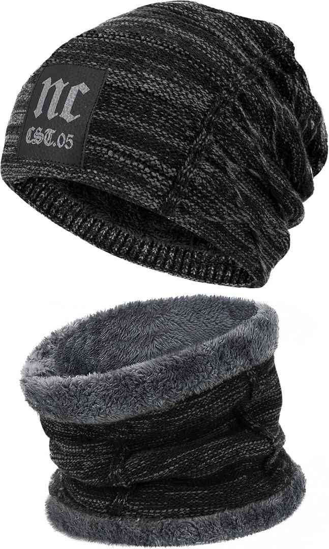 FZ FANTASTIC ZONE Mens Womens Winter Beanie Hat Scarf Set Warm Knit Thick Fleece Lined Skull Cap Neck Warmer for Men Women (Nc Black)