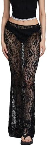 Women Lace Long Skirt Satin High Waist A-line Midi Skirt Y2K Summer Elegant Beach Party Maxi Skirts Size Medium