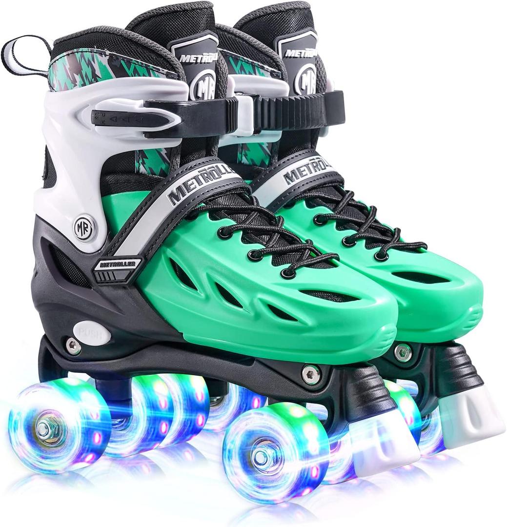 METROLLER Roller Skates for Girls and Boys , Adjustable 4 Sizes for Kids Toddler Rollerskates with Light up Wheels, for Women (Green, Small-Little kid (11j-1 US)