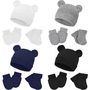 Cuffbow 4 Pcs Preemie Hats Mittens and Socks Set Preemie Mittens Warm Terry Socks for Baby (White, Light Gray, Navy Blue, Black)
