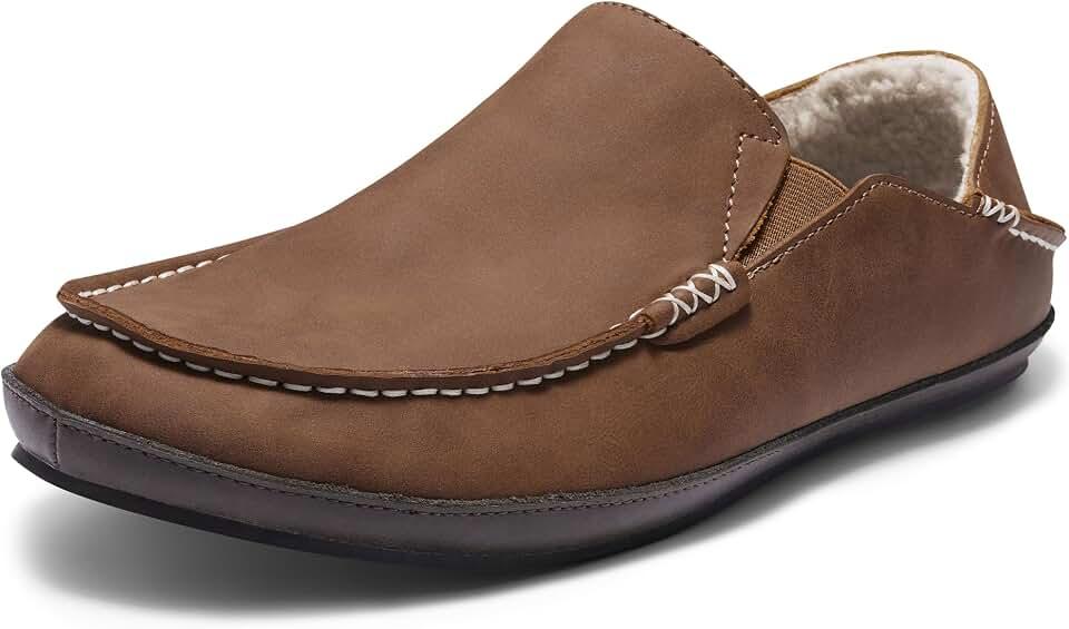 Men’s Premium Everyday Moccasin Slippers Crafted Leather Upper Plush Shearling-Style Lining Removable PU Arch Support Insole with Deep Heel Cup Non-Slip Non-Marking Rubber Sole Fold-Down Heel Indoor Outdoor, 10