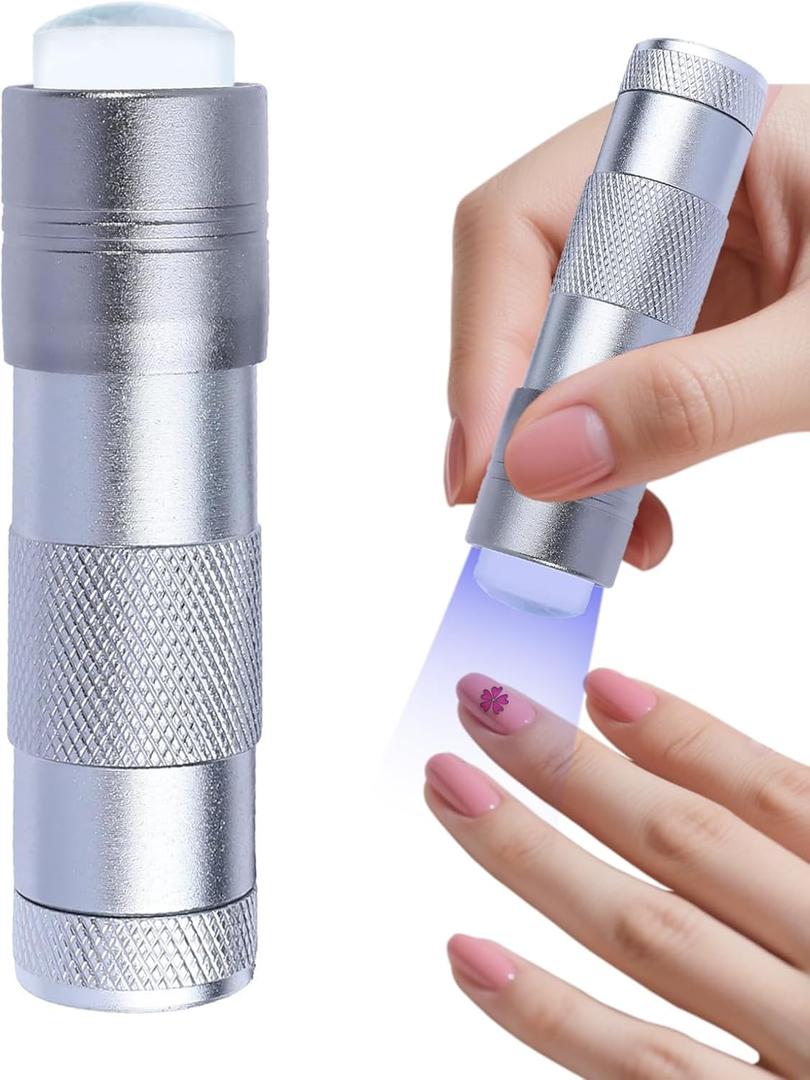 Handheld Nails Art UV Press Light, UV Lamp with French Nail Stamper Head Art Stamp Polish Print Quick Dry Lamp Small Glow Flashlights with 12 LED Lights, Portable Light Nail Dryer for Gel (Silver)
