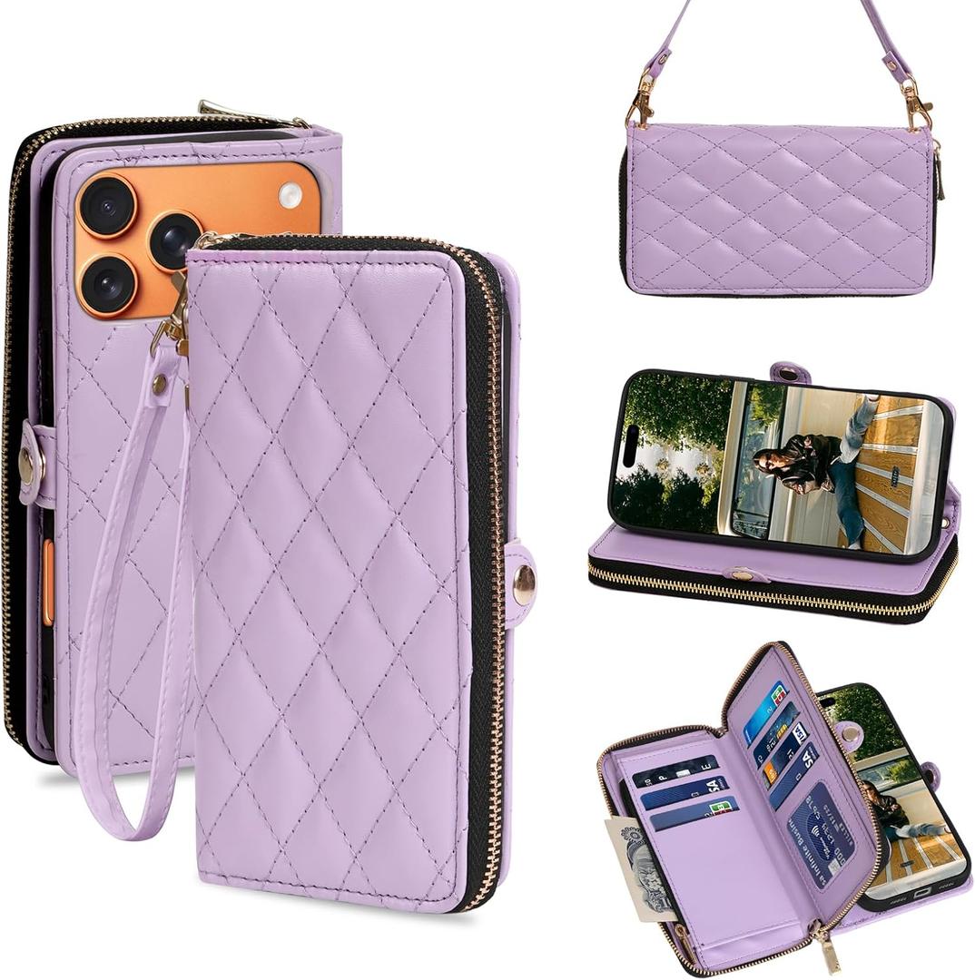 Rssviss Crossbody Case for iPhone 17 Pro Max Case Wallet, RFID Blocking Leather with Card Holder Kickstand, Handbag Zipper Flip Cover with Wrist Strap for iPhone 17 Pro Max Men Women 6.9", Purple
