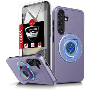for Samsung Galaxy S24Plus Case Magnetic Compatible with MagSafe Wireless Charging,with Screen Protector,for S24+Plus Case with Stand Ring Anti-Scratch Shockproof Heavy Duty Protection Purple
