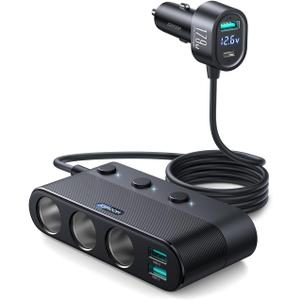 [Upgraded 179W] 7 in 1 Cigarette Lighter Adapter, JOYROOM Car Charger Adapter with PD30W Charge(3.3FT Cable), 24V/ 12V Cigarette Lighter Splitter with Independent Switches & LED Voltage Display