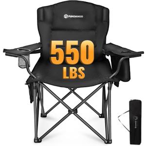 FUNDANGO Oversized Camping Chair for Adults, Heavy Duty Portable Foldable Lawn Chair with Padded Seat & Back, Lumbar Support, 4-can Cooler & Cup Holder, Carry Bag Included for Outdoor (Black) (1 Pack Black)