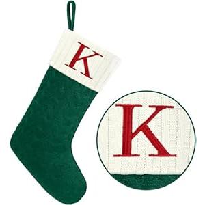 Christmas Stockings with Initials,20 Inches Large Knit Embroidered Letter Green White Christmas Stocking,Monogram Christmas Stocking for Famliy Holiday and Xmas Tree Fireplace (Letter K)