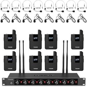 TONOR Wireless Microphones System with 8x12 Channels Headset/Lavalier Lapel Mics, Bodypack Transmitter, Receiver, 295ft UHF Range for Church Conference Performance Singing Karaoke PA Speaker Mixer