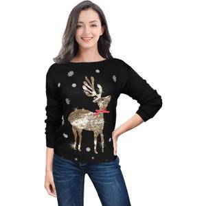 V28 Ugly Christmas Sweater for Women Reindeer Funny Merry Xmas Knit Sweaters (Small, Black (Light-gold Deer))