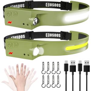 COSOOS 2 Rechargeable Headlamp Flashlight,Bright LED Head Lamp, 1000Lumen Floodlight & Spot Light, Motion Sensor, 2.4oz Lightweight Headband Headlight for Hardhat,Outdoor Hiking & Camping Accessory