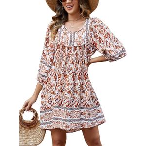 Qearal Women's Casual V Neck 3/4 Sleeve Boho Floral Printed Loose Short Flowy Summer Beach Vacation Dress (Large, Coffee White)