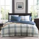 MaiRêve Plaid Queen Comforter Sets, Blue Grey Grid Farmhouse Bedding Set Bed in A Bag, Classic Checkered Comforter Sets with Fitted & Flat Sheet, Pillowcases & Shams(Blue Grey, 90"x90")