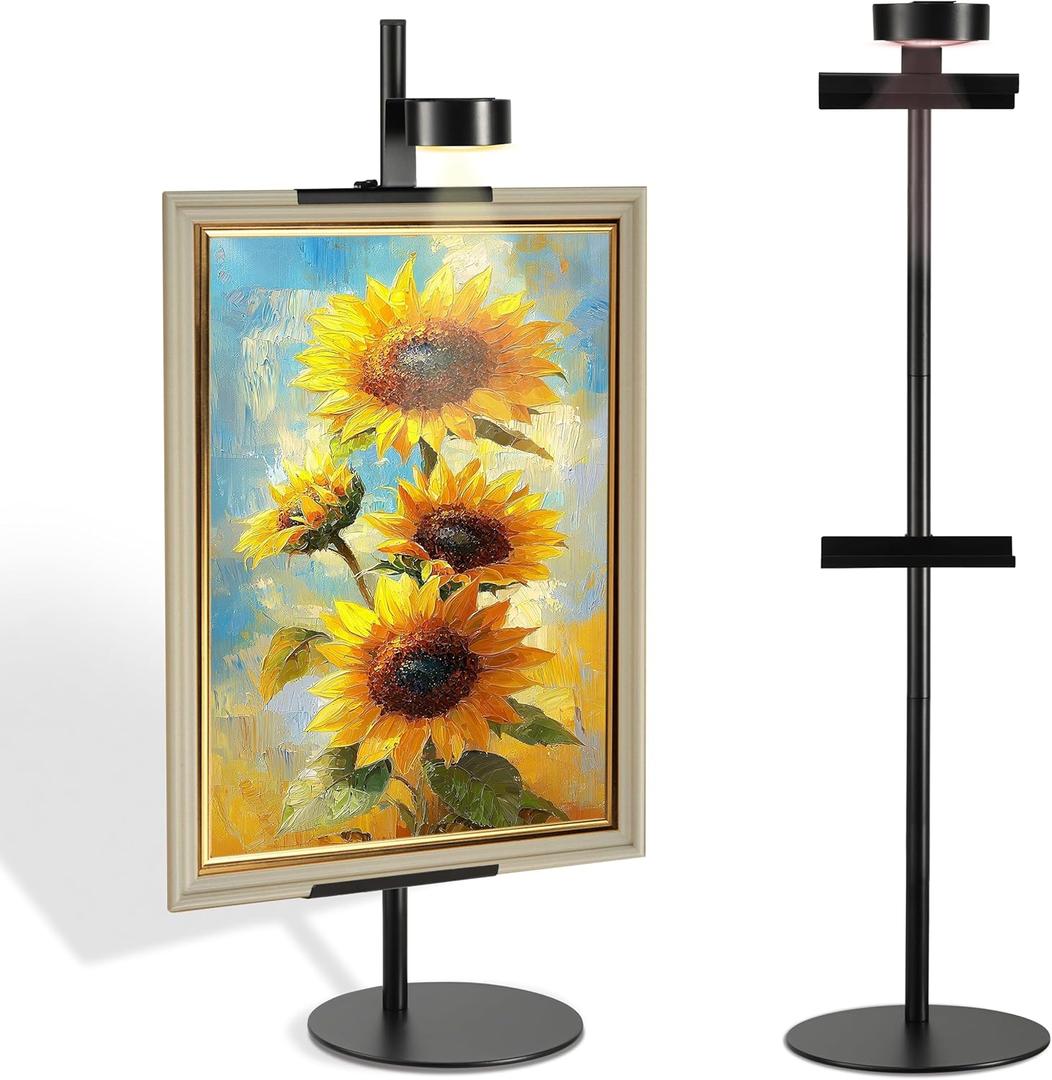 Adjustable Desktop Photo Frame Stand with Magnetic Wall Painting Light, Holds Picture Frames up to 30 Inch,with Rechargeable Battery,Metal Vertical Stand with 3 Color Temperature & 13RGB Poster Lights, for Displaying Picture Frames, Artworks (1 Pack,Black)