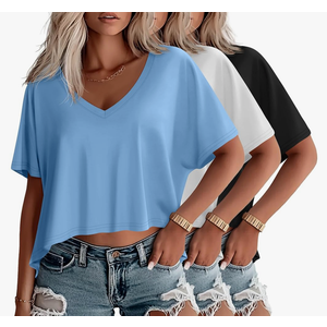 Huukeay 3 Pack Oversized T Shirts for Women Short Sleeve Crop Tops V Neck Irregular Hem Baggy Cropped Tees, size Small