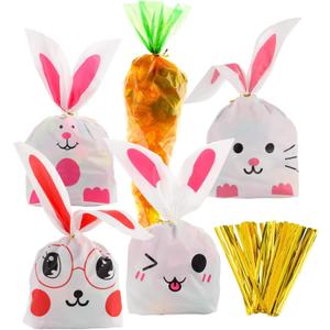 Jetec 100 Piece Easter Goodie Bags Including 40 Pcs 5.5 x 8.5 Inches Bunny Treat Bags and 60 Pcs Carrot Shape Gift Easter Candy Cone Cellophane with 100 Twist Ties Cookie Snack Party(Color Set B)