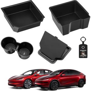 5PCS for 2026 Tesla Model Y Juniper Accessories Front and Rear Center Console Organizer Tray Cup Holder Armrest Hidden Storage Box for 2024-2025 Model 3 Highland and New Model Y (Launch Series)