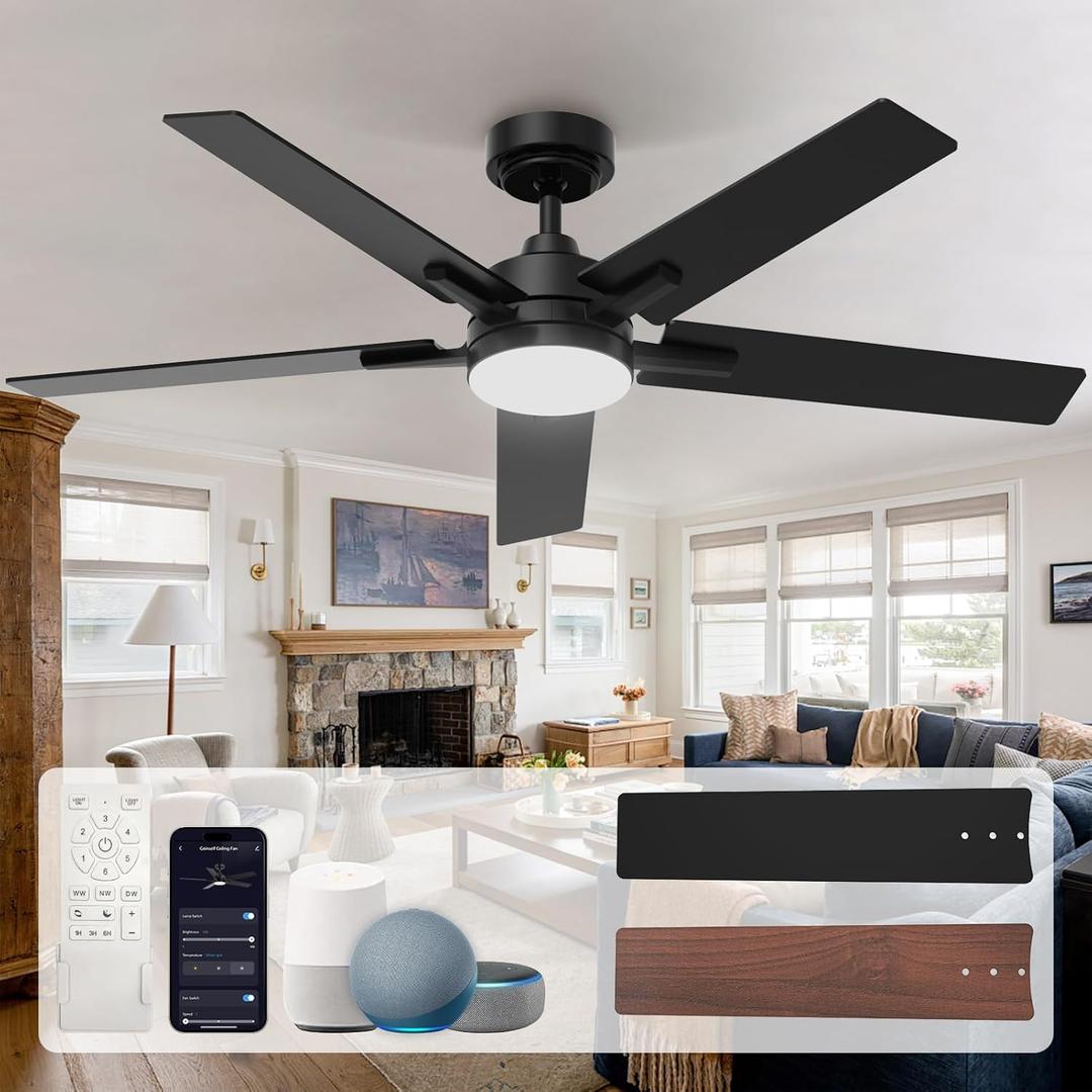 Ceiling Fans with Lights 52 Inch, Black Smart Ceiling Fan Compatible with Alexa/App/Remote Control, 5 Two-Sided Blades, Ultra Silent Reversible DC Motor LED fan for Bedroom, Living Room
