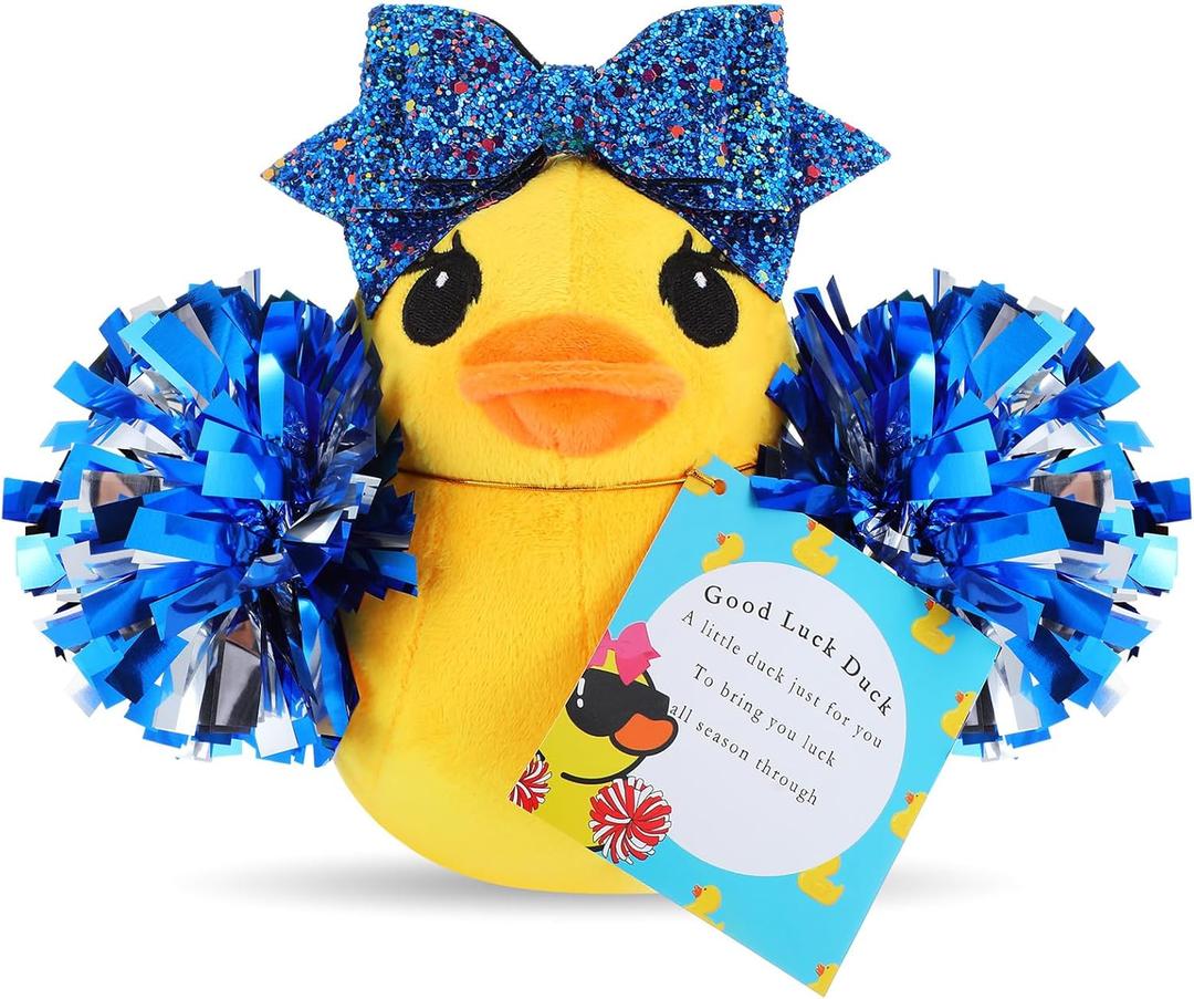 Lenwen Cheer Duck Gift with Pom Poms Bow 8 Inch Duck Plush Senior Cheerleader Gifts Team Support Gift for Senior Night Gifts Cheer Competition Day Must Have (Blue)