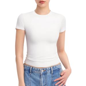 PUMIEY Women's Crew Neck Short Sleeve Tops Double Lined Slim Fit T Shirts Basic Tee Smoke Cloud Pro Collection, S