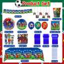 150PCS World Cup Mascot Birthday Party Decorations, 71"x43" Tablecloth, Plates, Cake Topper, Cutlery, Napkins, Balloons, Banners, Hanging Swirls, Complete Soccer Theme Party Supplies