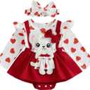 Baby Girl New Years Outfit Firework Number Letter Print Mesh Long Sleeve Romper Dress and Bow Headand 2 Pcs Set (Red)