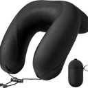 Inflatable Travel Neck Pillow for Airplane with Adjustable 360 Head & Neck Support, 2-in-1 Air Pump and Storage Bag, Soft Removable Washable Cover for Airplane, Train, Office (1, Black)