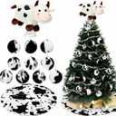 Leitee 12 Pcs Cow Christmas Tree Decoration Set Xmas Western Cowhide Tree Topper Skirt Faux Fur Plush Hanging Artificial Flowers Rustic Christmas Cow Treetop Ornaments for Farmhouse Country Holiday