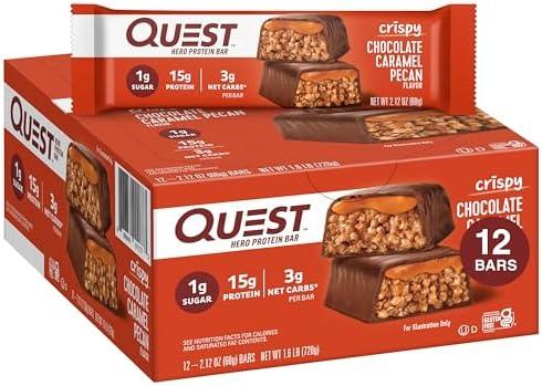 Quest Nutrition Crispy Chocolate Caramel Pecan Hero Protein Bar, 15g Protein, 1g Sugar, 3g Net Carb, Gluten Free Protein Snack, Keto Friendly, 12 Count (BB: April 27 2026)
