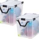 IRIS USA WeatherPro 103 Qt Storage Bins with Lids, 2 Pack, BPA-Free Plastic Gasket Box with Tight Latch and Seal, Stackable Nestable Tote Tub - Clear/Black
