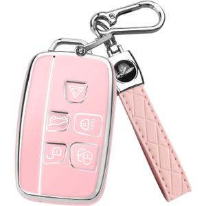 FT FUNTOR for Range Rover Key Fob Cover, Compatible with Land Rover LR4 Range Rover Sport Evoque Jaguar XJ XE XJL XEL XFL F-pace,5 Buttons TPU for Jaguar Key Fob Cover with Silver Edge A-Pink