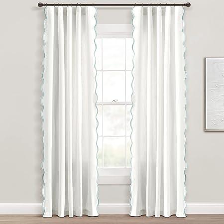 Lush Decor Coastal Chic Scalloped Edge Light Filtering Window Curtain Panels Pair, 52" W x 84" L, Blue & White - White Curtains for Living Room - Coastal Decor