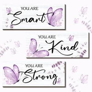 DONFENTHY 3 Pcs Butterfly Wall Decor Wooden Purple Room Decor Positive Butterfly Decor with Inspirational Word Sign for Women Room Bathroom Bedroom Office Kitchen Decor(Purple,10x4 Inch)