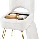 Vanity Stool Chair with Storage and Folding Back, 4 Metal Legs with Anti-Slip Feet, 15.8" x 15.8" x 33" Square Ottoman with Furry Padded Seat for Makeup, Bedroom, White