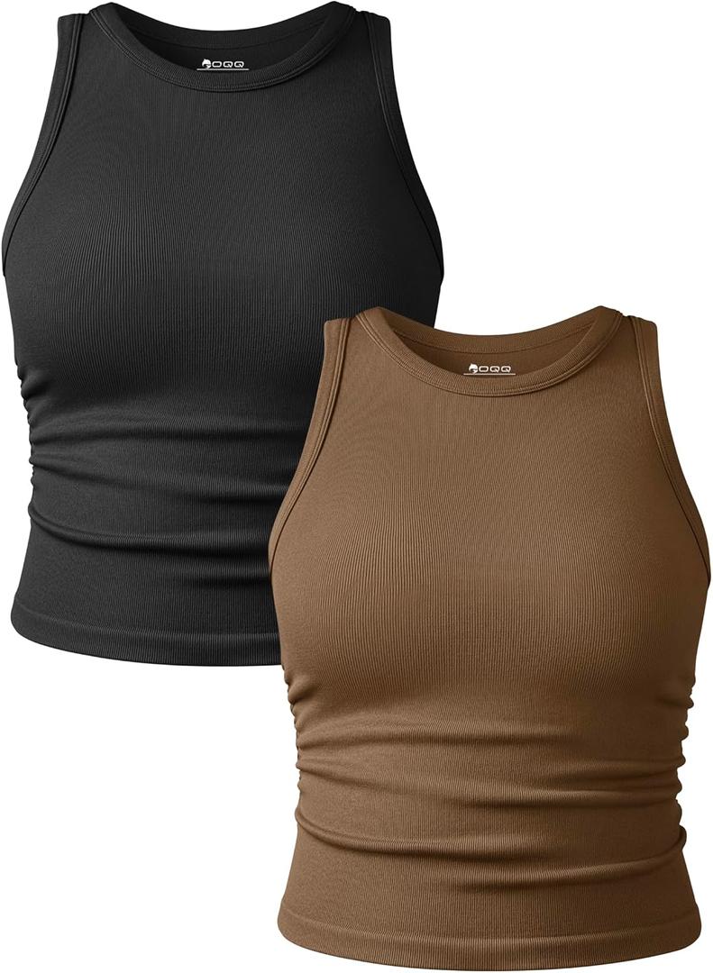 OQQ Women's 2 Piece Tank Tops Crew Neck Sleeveless Basic Stretch Casusal Yoga Crop Camis (Brown, M)