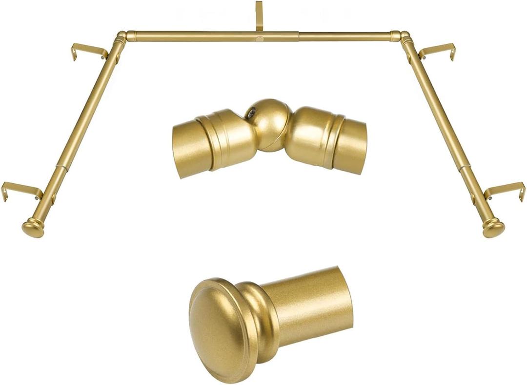 TONIAL 3/4 Inch Bay Window Curtain Rods, 36 to 72 Inch Center Rod for window 24 to 68 Inch, 20 to 36 Inch Side Rod for window 16 to 32 Inch, Decoratice Drapery Rods with Small Cap Finial, Antique Gold