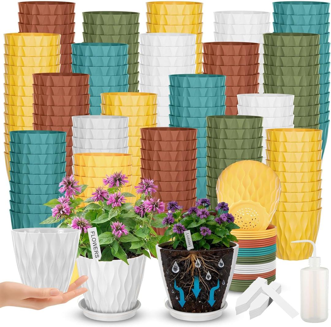 150 Pack 4 Inch Plant Pots Bulk Small Planters for Succulents Colorful Waffle Texture Decorative Plastic Nursery Pots with Drainage Holes and Saucers for Indoor Outdoor Flower Seedling Cactus Gift
