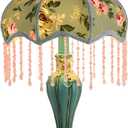 Green Victorian Table Lamp European Style Fabric Desk Lamps with Fringe Beaded Lampshade Painted Resin Base Handmade Vintage Flower Bedside Night Light for Bedroom Living Room Office