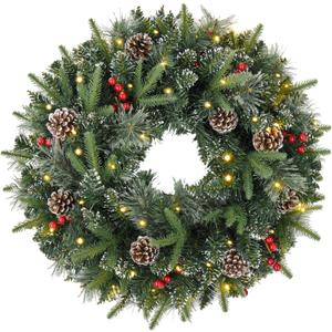 24 Inch Artificial Pre-Lit Christmas Wreath, Warm White & Multi-Color Lights with Timer, Battery Operated, Berries, PineconesHoliday Decoration for Front Door, Outdoor