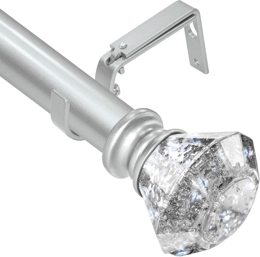 Silver Curtain Rods 66 to 120 Inch(5.5-10 ft), Modern Decorative Heavy Duty Adjustable Curtain Rod for Windows, Single curtain Rod with Silver Translucent Diamond finials, 36-120"