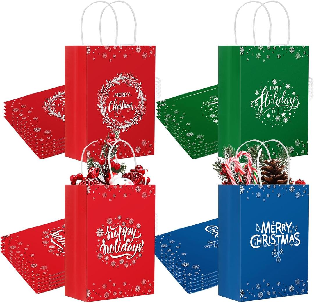 24 Pieces Merry Christmas Gift Bags Holiday Paper Bags with Handle 8.7 x 6.3 x 3.15 Inch Xmas Treat Bags Bulk for Xmas Coworkers Teachers Birthdays Christmas Holiday Parties Wedding Shopping