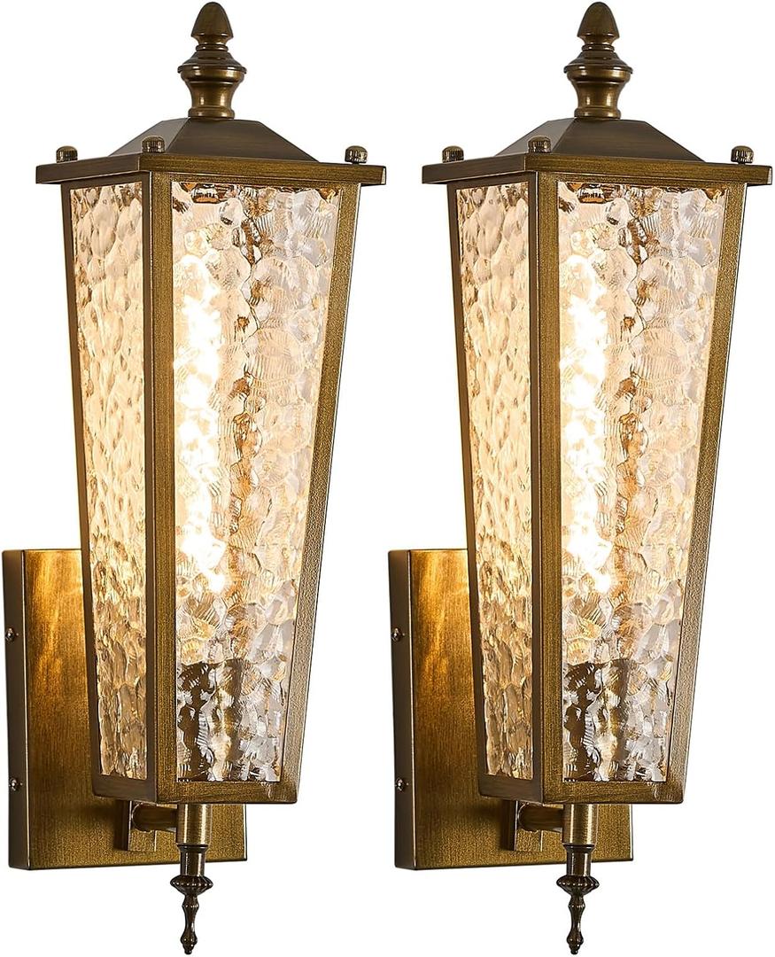 2-Pack Outdoor Wall Sconce, Vintage Gold Exterior Light Fixture with E26 Sockets & Glass, H17.7in Waterproof Porch Lantern Wall Mount Lighting for Garage,Patio,Front Door,House